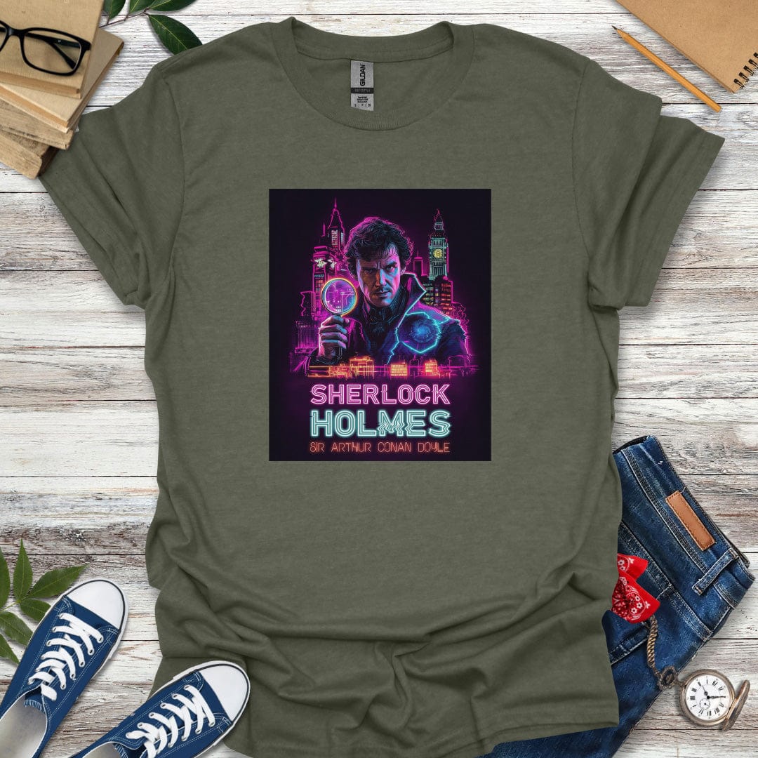 Sherlock Holmes by Arthur Conan Doyle 80s Synth Glitch Style Graphic T-Shirt